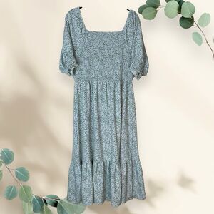 Michelle McDowell Women’s XXL Blue Polka Dot Long Dress Smocked Ruffle